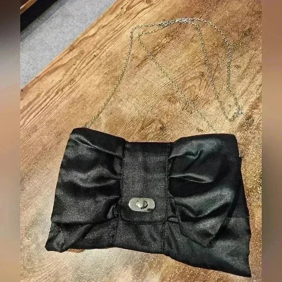 Handbags - Satin Black Bow Purse w/ Clasp & Chain Strap